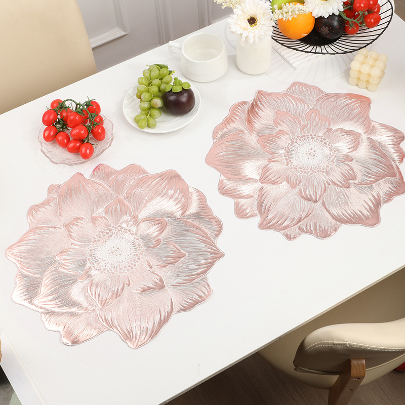 4-Pack Rose-Gold Luxury Bronzing Floral Heat-Insulated Placemats - Lotus Style Anti-Slip & Waterproof PVC Table Mats(38x38CM) - Image 1