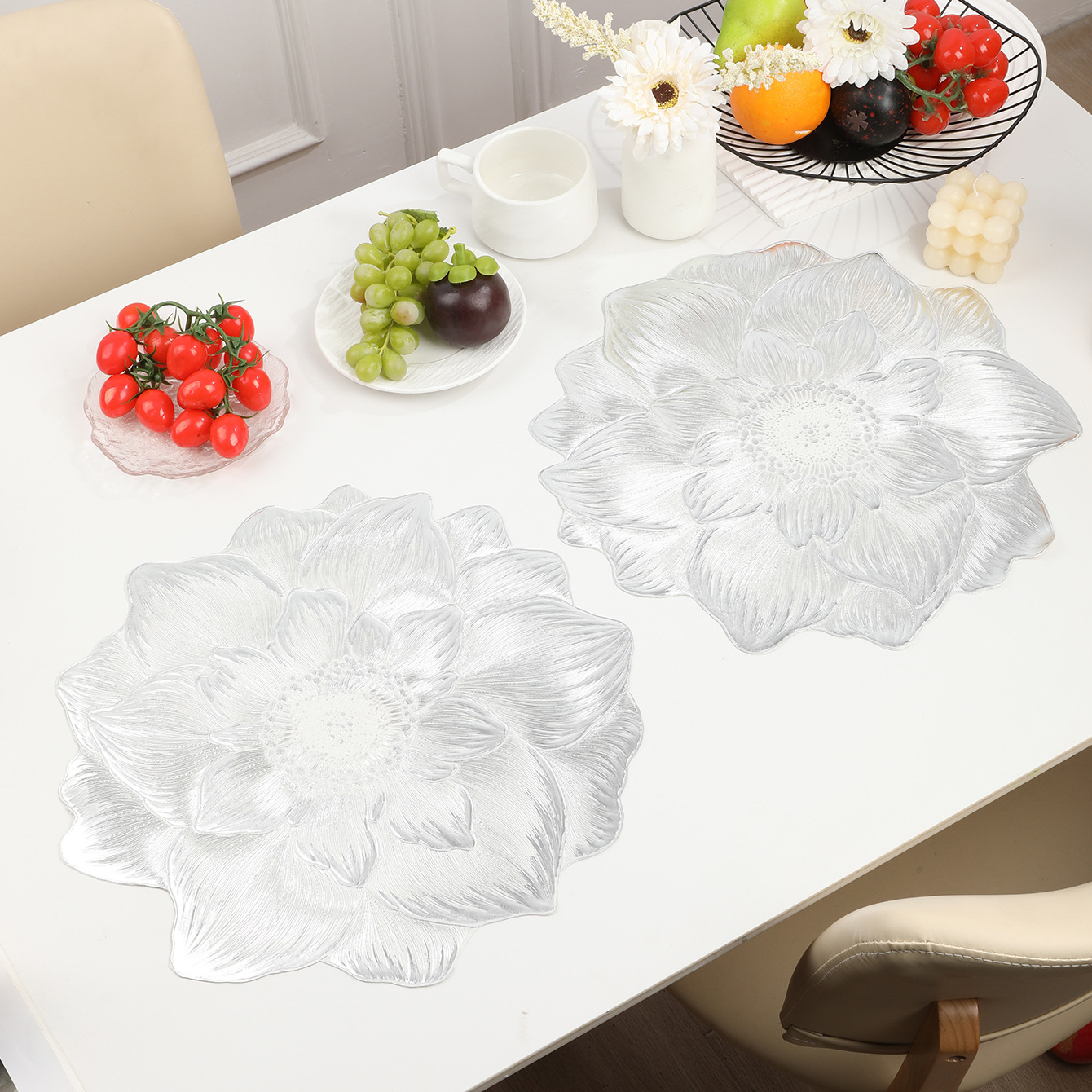 4-Pack Sliver Luxury Bronzing Floral Heat-Insulated Placemats - Lotus Style Anti-Slip & Waterproof PVC Table Mats(38x38CM) - Image 1