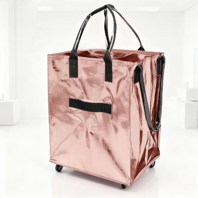 Rose-Gold Portable Folding Shopping Trolley Bag(50x40x30CM) - Durable Woven Fabric, Reusable Grocery Bag with Wheels for Effortless Travel - Image 1