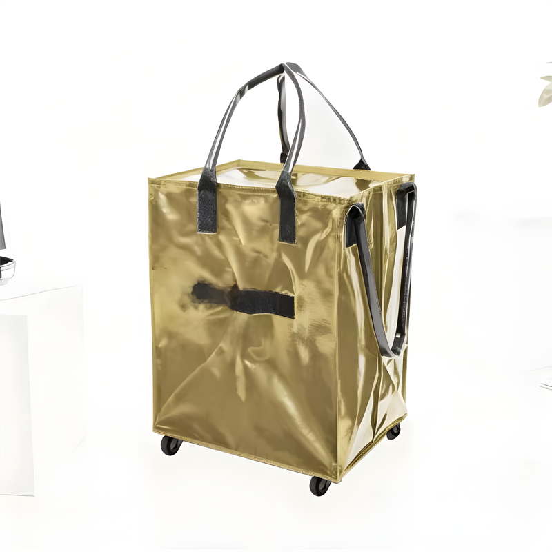 Gold Portable Folding Shopping Trolley Bag(50x40x30CM) - Durable Woven Fabric, Reusable Grocery Bag with Wheels for Effortless Travel - Image 1