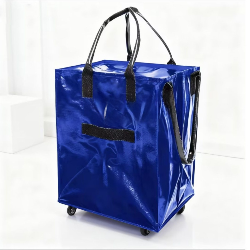 Blue Portable Folding Shopping Trolley Bag(50x40x30CM) - Durable Woven Fabric, Reusable Grocery Bag with Wheels for Effortless Travel - Image 1