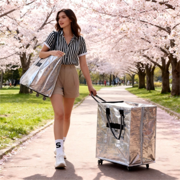 Blue Portable Folding Shopping Trolley Bag(50x40x30CM) - Durable Woven Fabric, Reusable Grocery Bag with Wheels for Effortless Travel - Image 4
