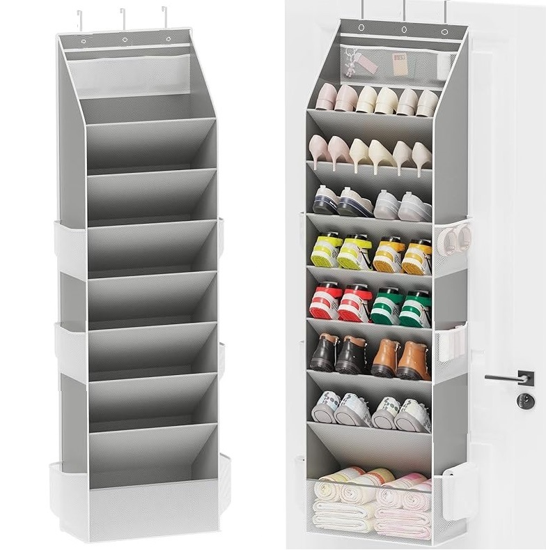 Grey 8-Tier Over-the-Door Shoe Organizer with 7 Slanted & 1 Flat & 6 Side Pockets - Multi-Functional Wall Mount  for Shoes, Bags and Towels - Image 1