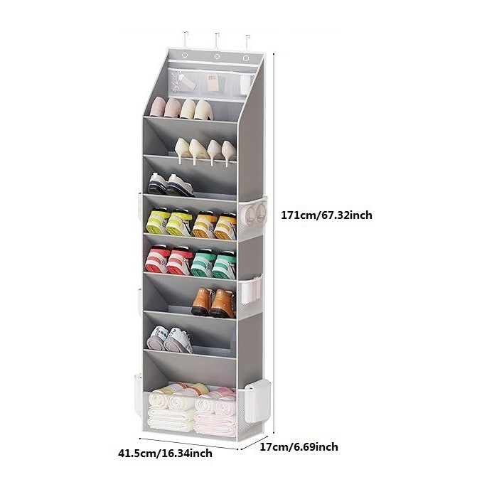 Grey 8-Tier Over-the-Door Shoe Organizer with 7 Slanted & 1 Flat & 6 Side Pockets - Multi-Functional Wall Mount  for Shoes, Bags and Towels - Image 2