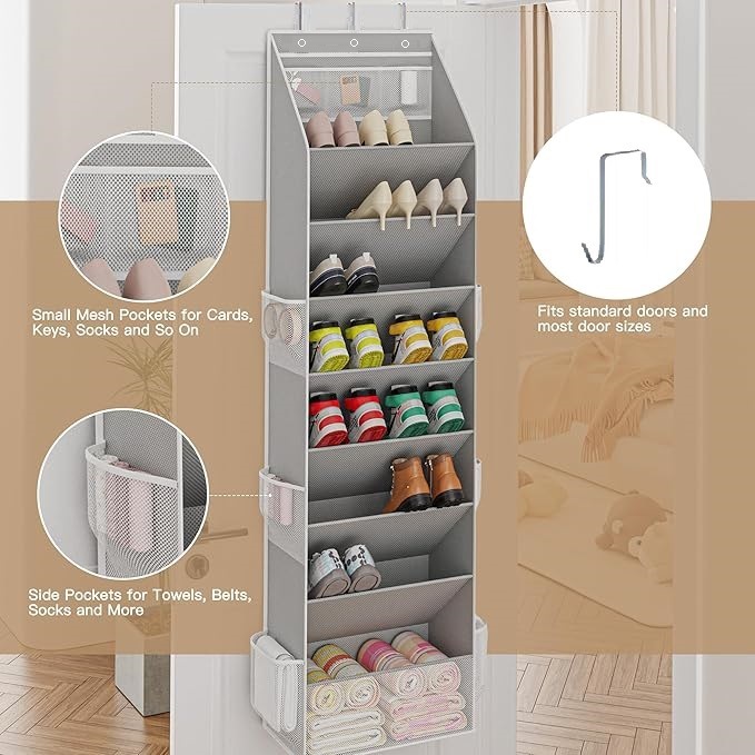 Grey 8-Tier Over-the-Door Shoe Organizer with 7 Slanted & 1 Flat & 6 Side Pockets - Multi-Functional Wall Mount  for Shoes, Bags and Towels - Image 3