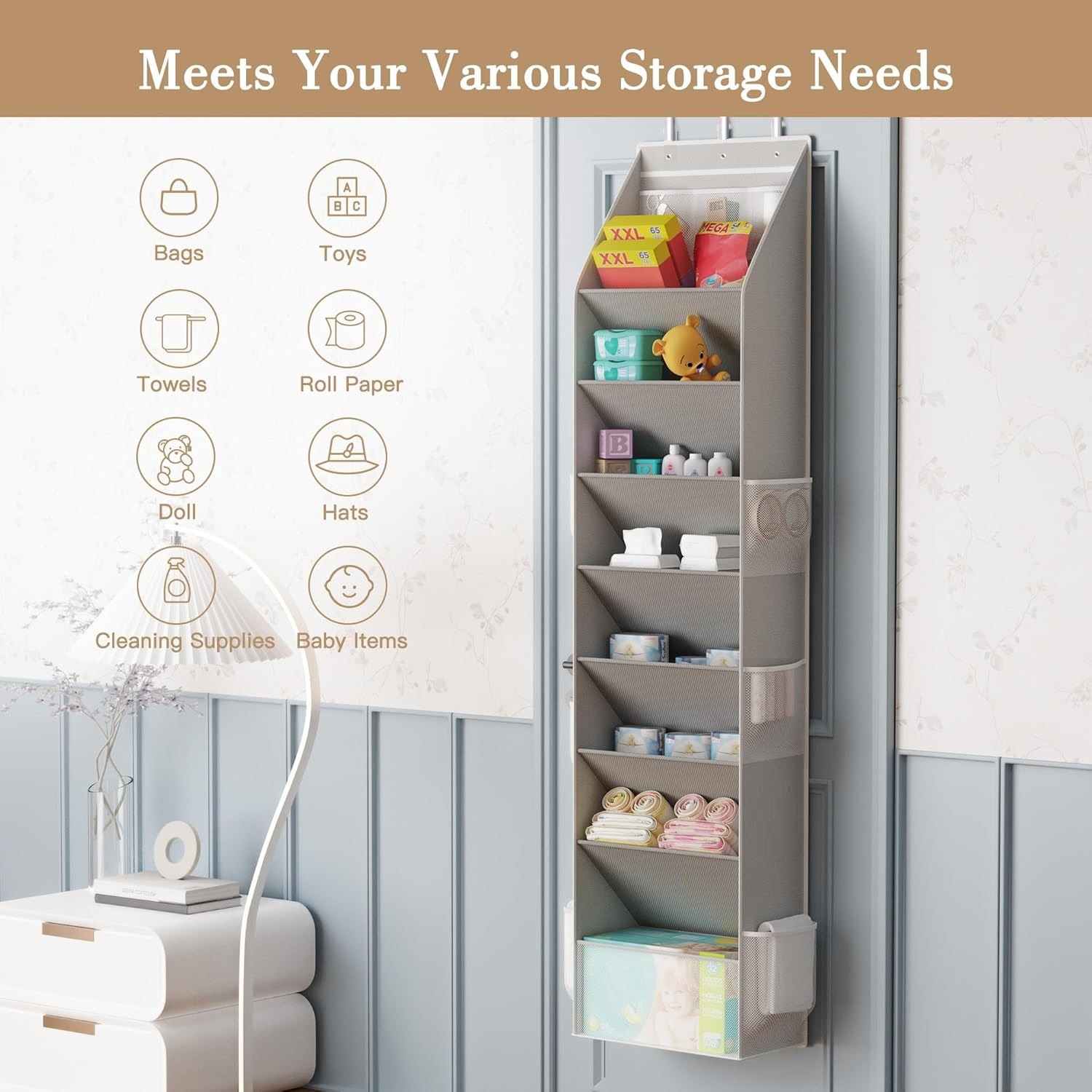 Grey 8-Tier Over-the-Door Shoe Organizer with 7 Slanted & 1 Flat & 6 Side Pockets - Multi-Functional Wall Mount  for Shoes, Bags and Towels - Image 5