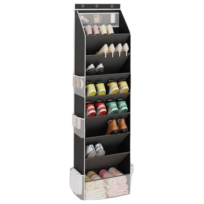Black 8-Tier Over-the-Door Shoe Organizer with 7 Slanted & 1 Flat & 6 Side Pockets - Multi-Functional Wall Mount  for Shoes, Bags and Towels - Image 1