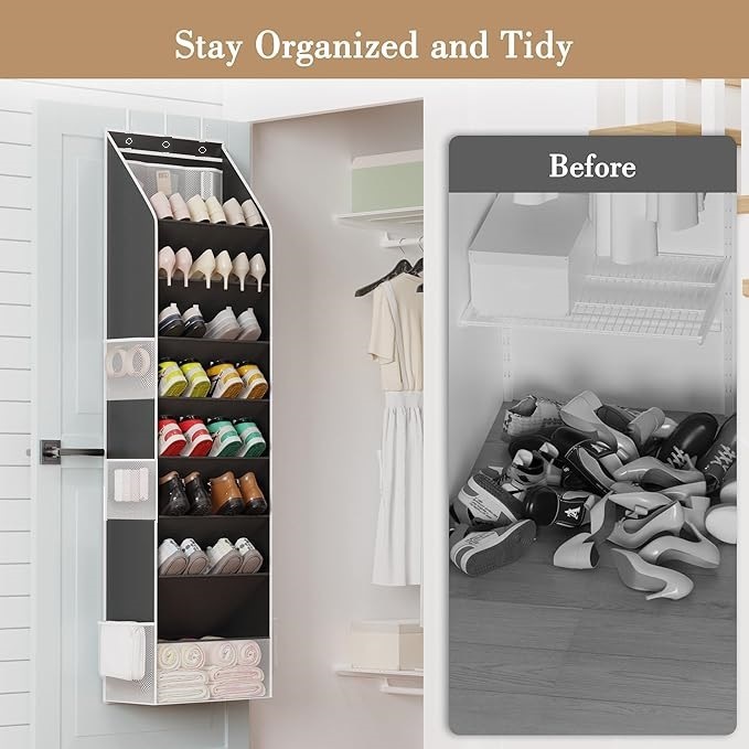 Black 8-Tier Over-the-Door Shoe Organizer with 7 Slanted & 1 Flat & 6 Side Pockets - Multi-Functional Wall Mount  for Shoes, Bags and Towels - Image 6