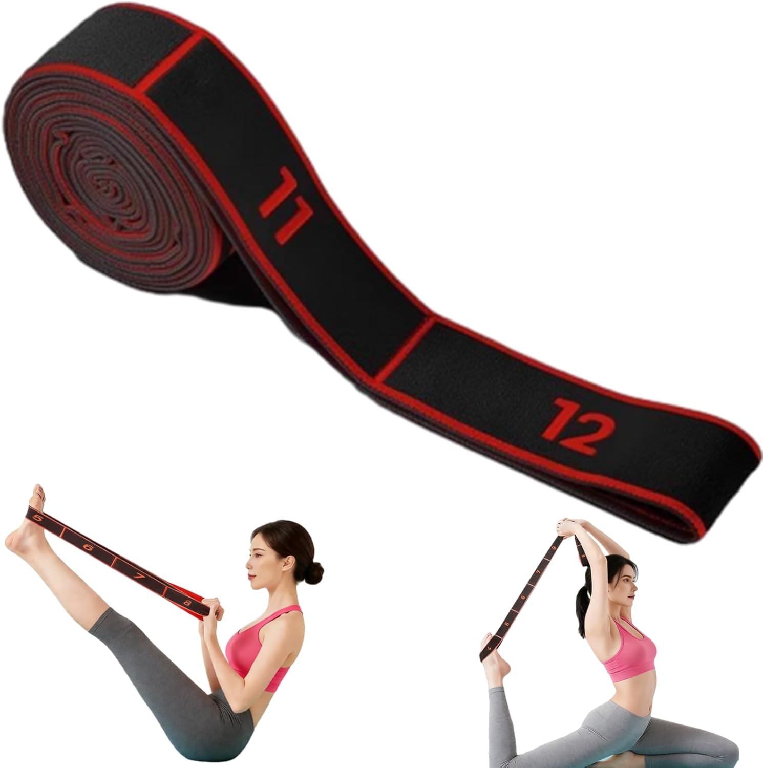 2-Pack Black-Red 12-Loop Numbered Yoga Stretch Strap(4x138CM) - Durable Multi-Segment Resistance Fitness Band for Pilates & Gym - Image 1
