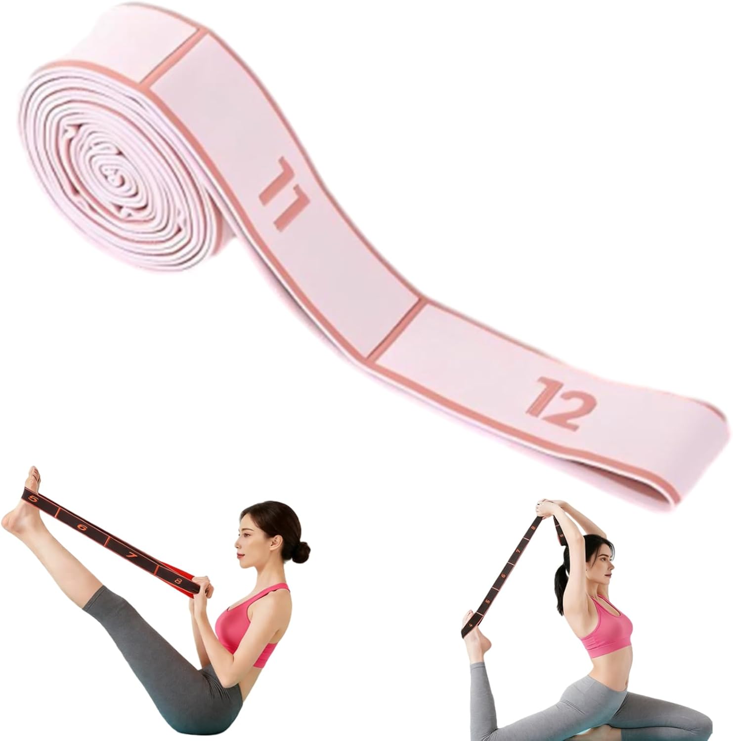 2-Pack Pink 12-Loop Numbered Yoga Stretch Strap(4x138CM) - Durable Multi-Segment Resistance Fitness Band for Pilates & Gym - Image 1