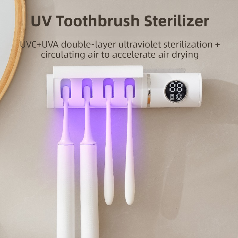 White 4-Slot Compact UV Toothbrush Sanitizer with Turbo Drying Fan & LCD Display - Anti-Dust Toothbrush Holder, 10-Minute One-Touch Deep Clean - Image 1
