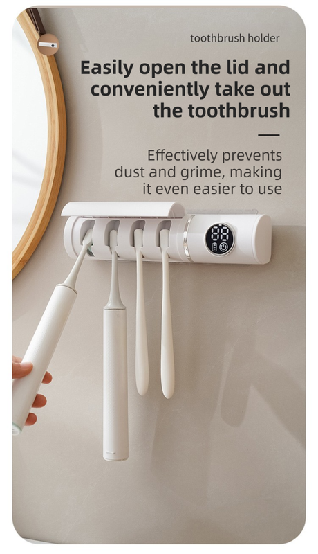 White 4-Slot Compact UV Toothbrush Sanitizer with Turbo Drying Fan & LCD Display - Anti-Dust Toothbrush Holder, 10-Minute One-Touch Deep Clean - Image 7