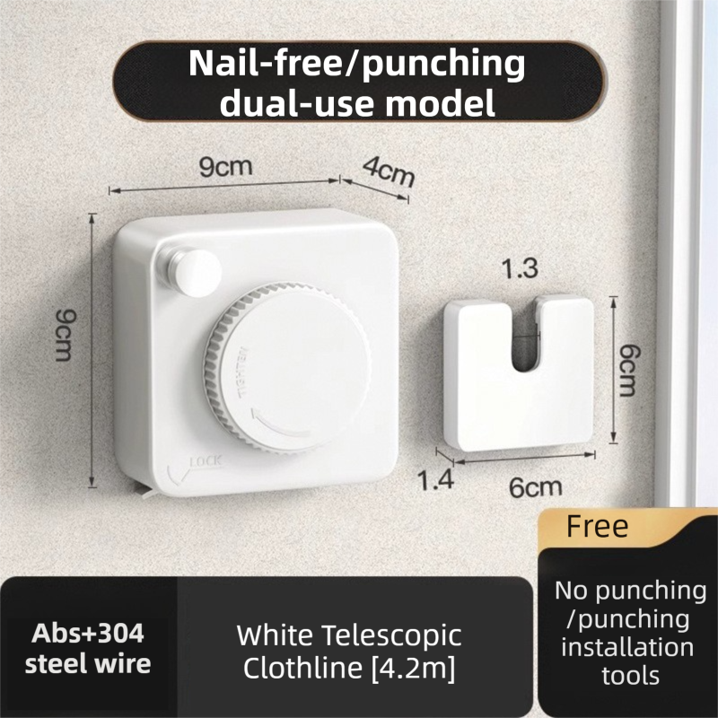 White 4.2M Heavy Duty Invisible Retractable Clothesline - Rustproof & Drill-Free Laundry Hanger with 20kg Load Capacity - Image 1