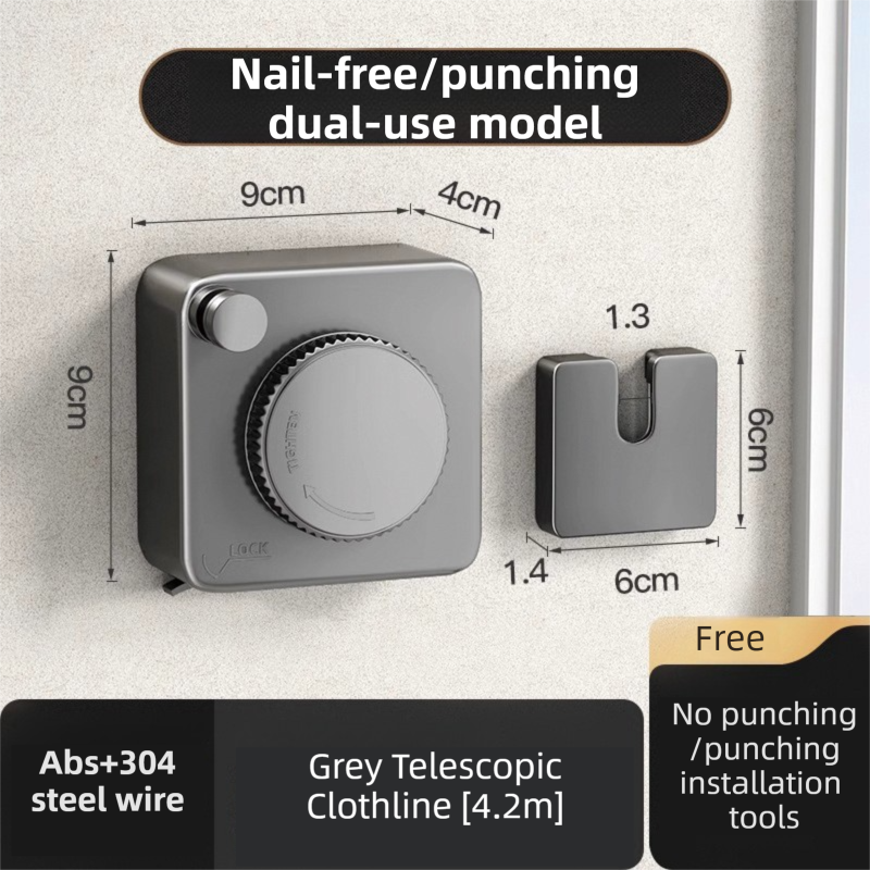 Grey 4.2M Heavy Duty Invisible Retractable Clothesline - Rustproof & Drill-Free Laundry Hanger with 20kg Load Capacity - Image 1