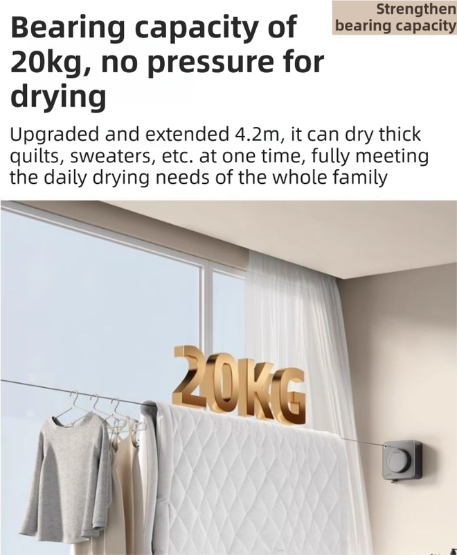 Grey 4.2M Heavy Duty Invisible Retractable Clothesline - Rustproof & Drill-Free Laundry Hanger with 20kg Load Capacity - Image 5