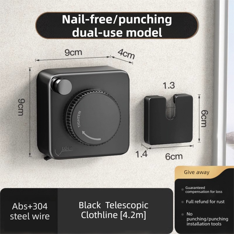 Black 4.2M Heavy Duty Invisible Retractable Clothesline - Rustproof & Drill-Free Laundry Hanger with 20kg Load Capacity - Image 1