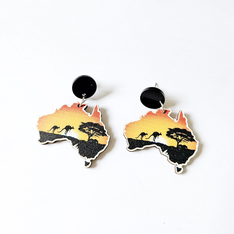 Wooden Australia Map Silhouette Earrings - Lightweight Geometric Ear Drops, Cultural Decor Gift(Style 2) - Image 1
