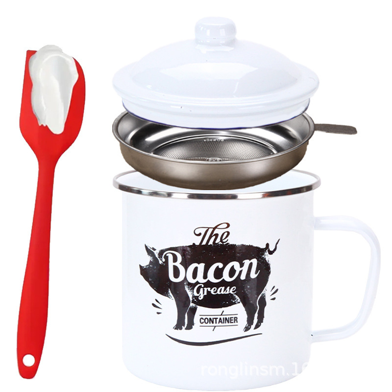Retro 1200ML Enamel Lard Storage Jar - Acid & Alkali Resistant Oil Filter Pot with Fine Mesh Strainer & 17cm Scraping Spatula - Image 1