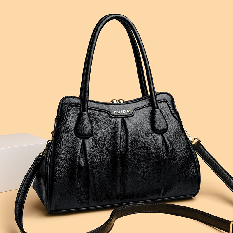 Black Women's Premium Wear-Resistant Leather Shoulder Bag - Vintage Frame Kiss-Lock Handbag & Crossbody Satchel - Image 1