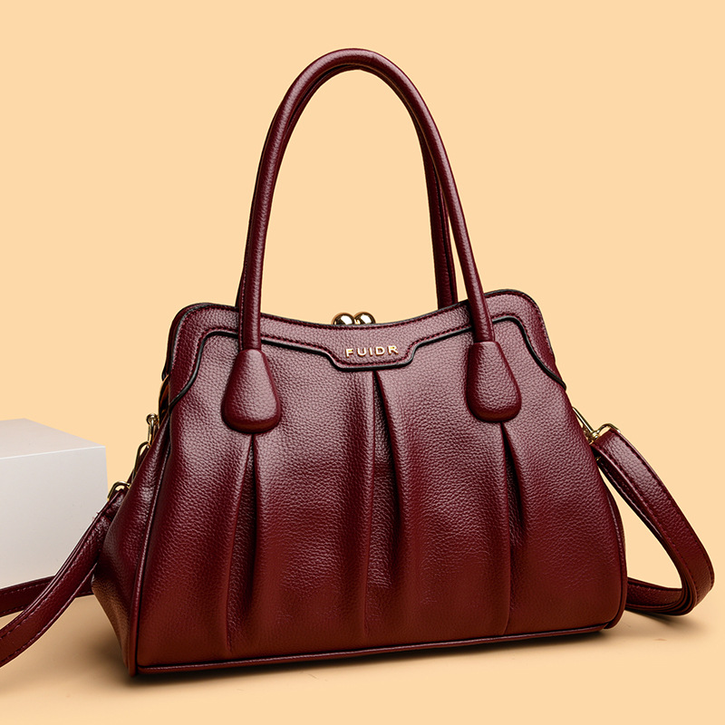 Wine Red Women's Premium Wear-Resistant Leather Shoulder Bag - Vintage Frame Kiss-Lock Handbag & Crossbody Satchel - Image 1