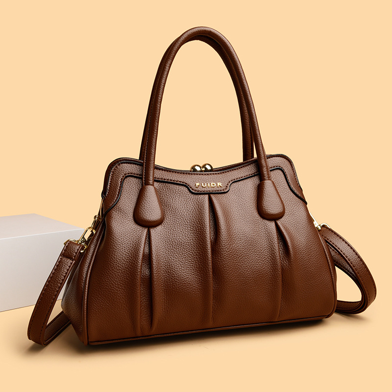 Brown Women's Premium Wear-Resistant Leather Shoulder Bag - Vintage Frame Kiss-Lock Handbag & Crossbody Satchel - Image 1