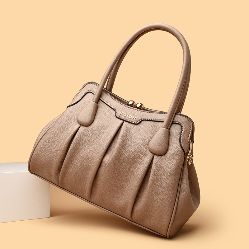 Khaki Women's Premium Wear-Resistant Leather Shoulder Bag - Vintage Frame Kiss-Lock Handbag & Crossbody Satchel - Image 1