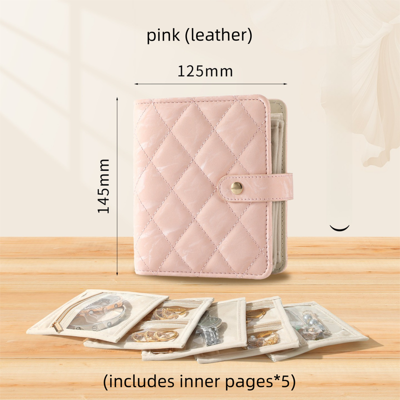 Pink Nappa Leather Anti-Oxidation Jewelry Storage Book with 5 Velvet Pouches - Compact Organizer for Watches, Earrings, Rings & Gold Ornaments - Image 1