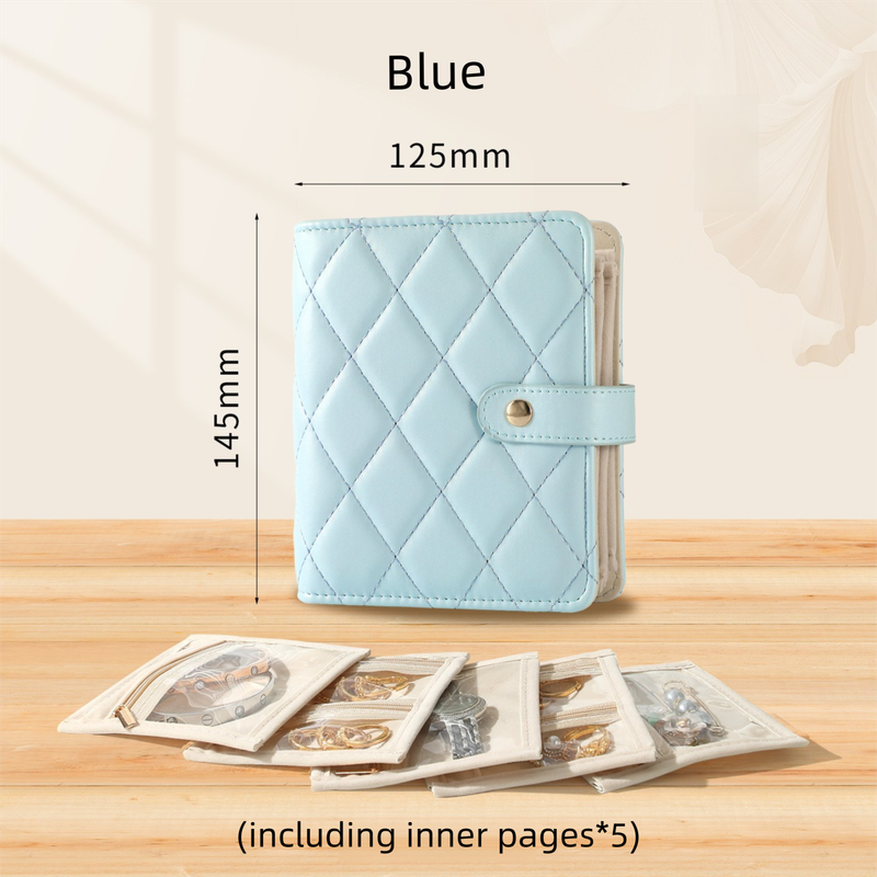 Blue Nappa Leather Anti-Oxidation Jewelry Storage Book with 5 Velvet Pouches - Compact Organizer for Watches, Earrings, Rings & Gold Ornaments - Image 1