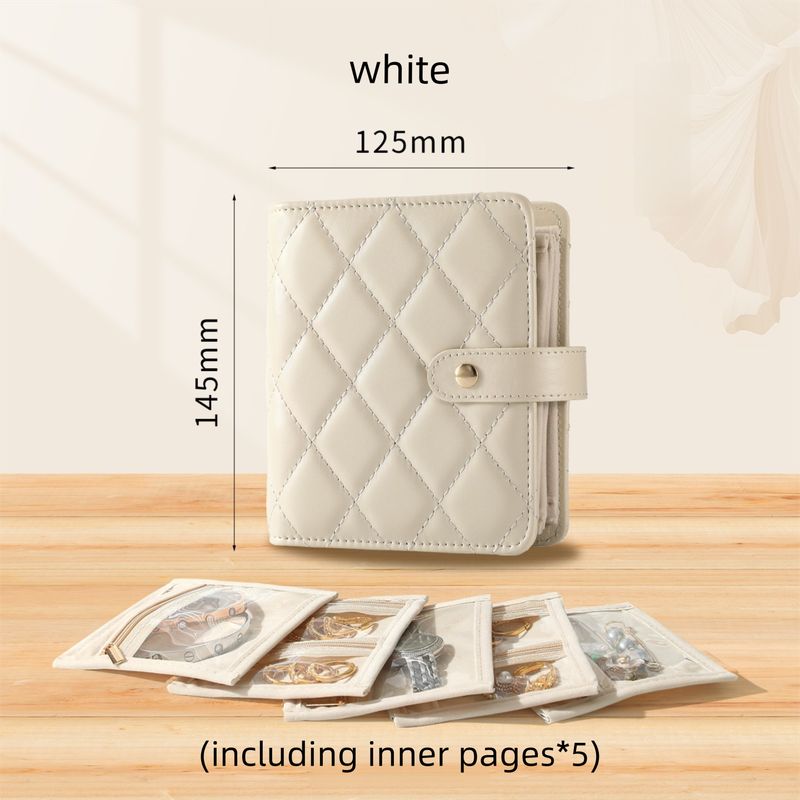 White Nappa Leather Anti-Oxidation Jewelry Storage Book with 5 Velvet Pouches - Compact Organizer for Watches, Earrings, Rings & Gold Ornaments - Image 1