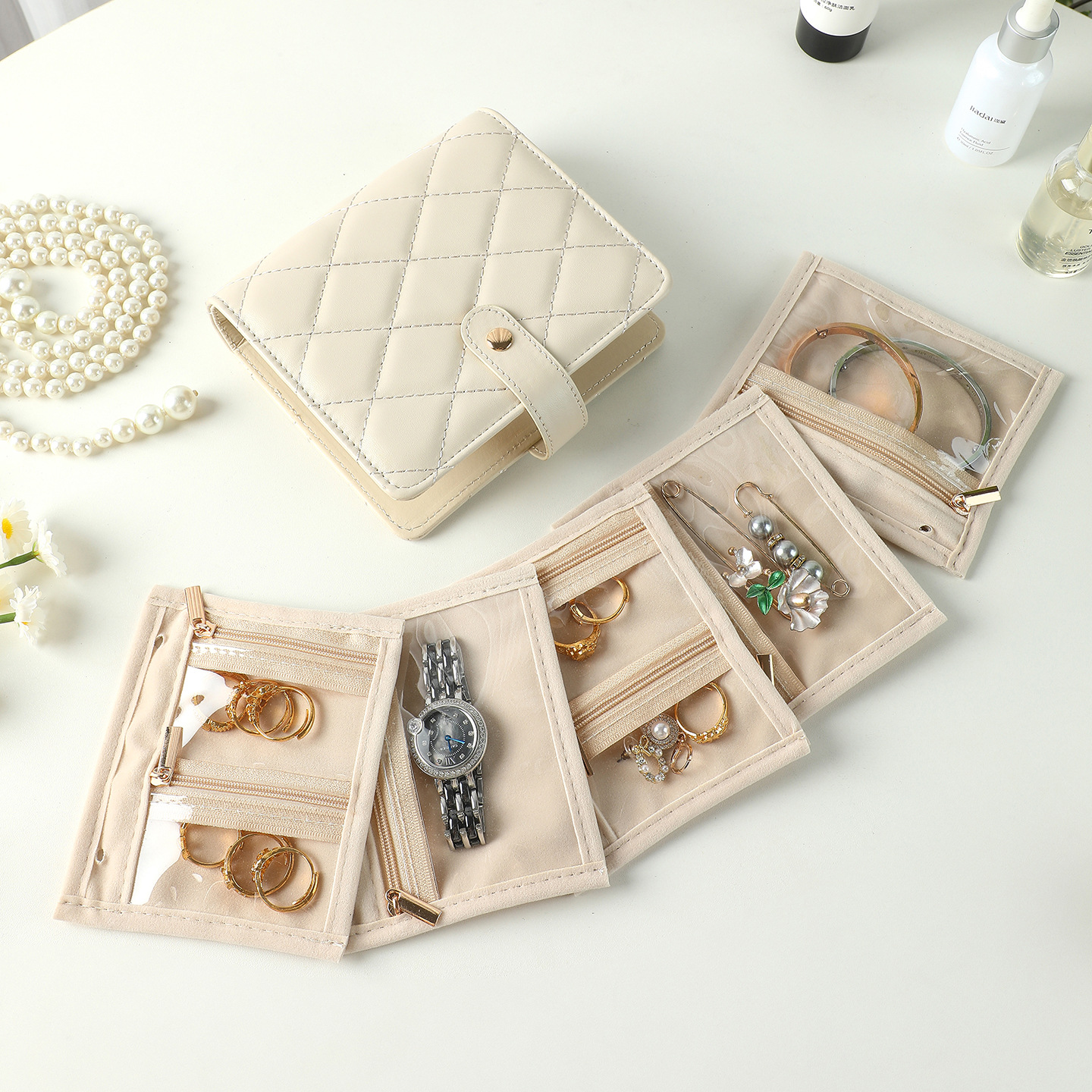 White Nappa Leather Anti-Oxidation Jewelry Storage Book with 5 Velvet Pouches - Compact Organizer for Watches, Earrings, Rings & Gold Ornaments - Image 2