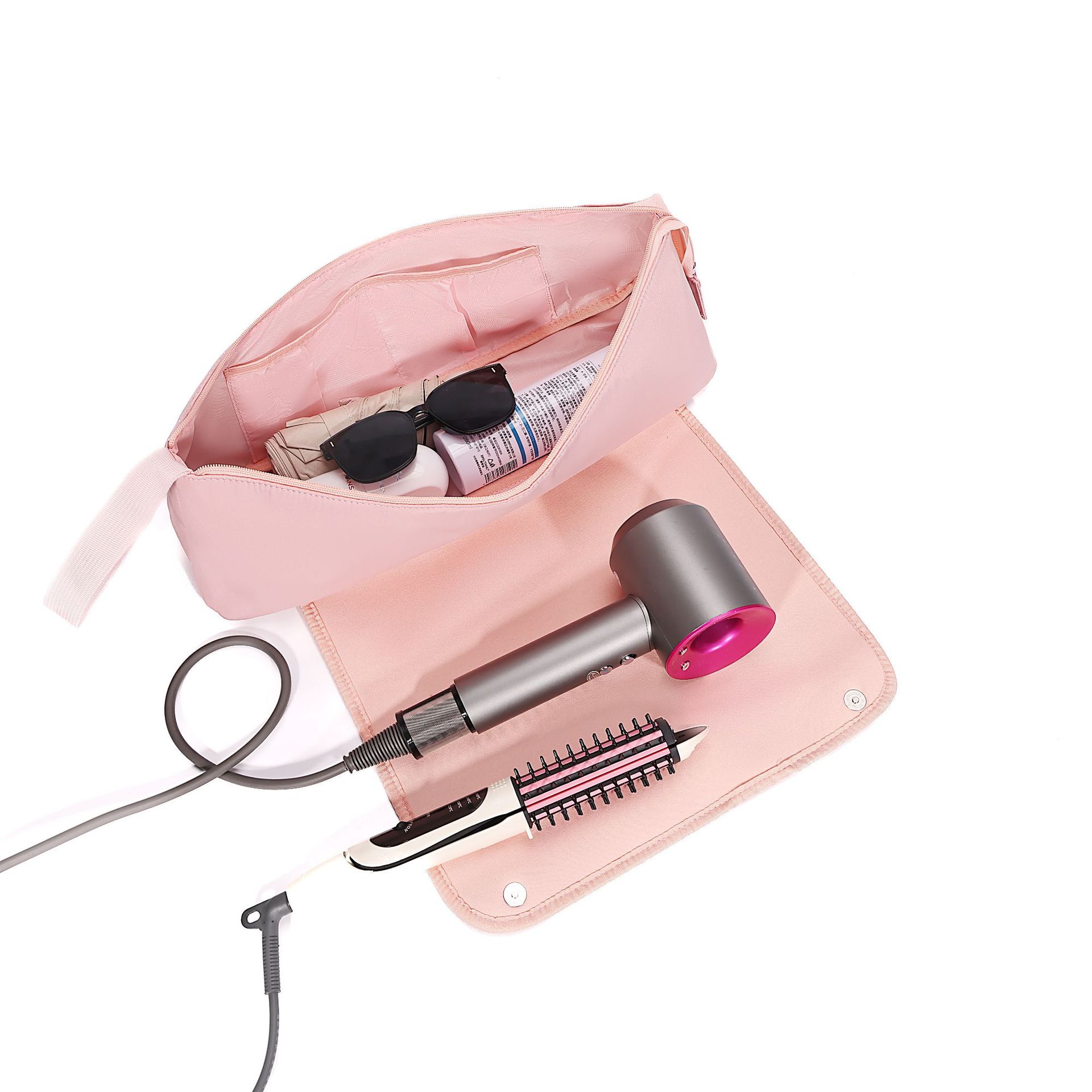 Pink Premium Insulated Roll-Up Travel Case for Hair Styling Tools & Blow Dryers with Muti-Pockets (18x5.5x5 Inch) - Image 1