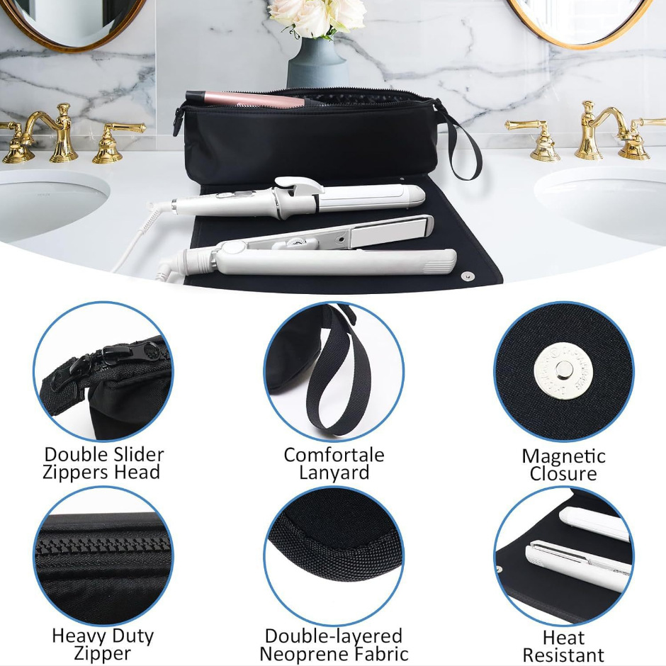 Black Premium Insulated Roll-Up Travel Case for Hair Styling Tools & Blow Dryers with Muti-Pockets (18x5.5x5 Inch) - Image 2