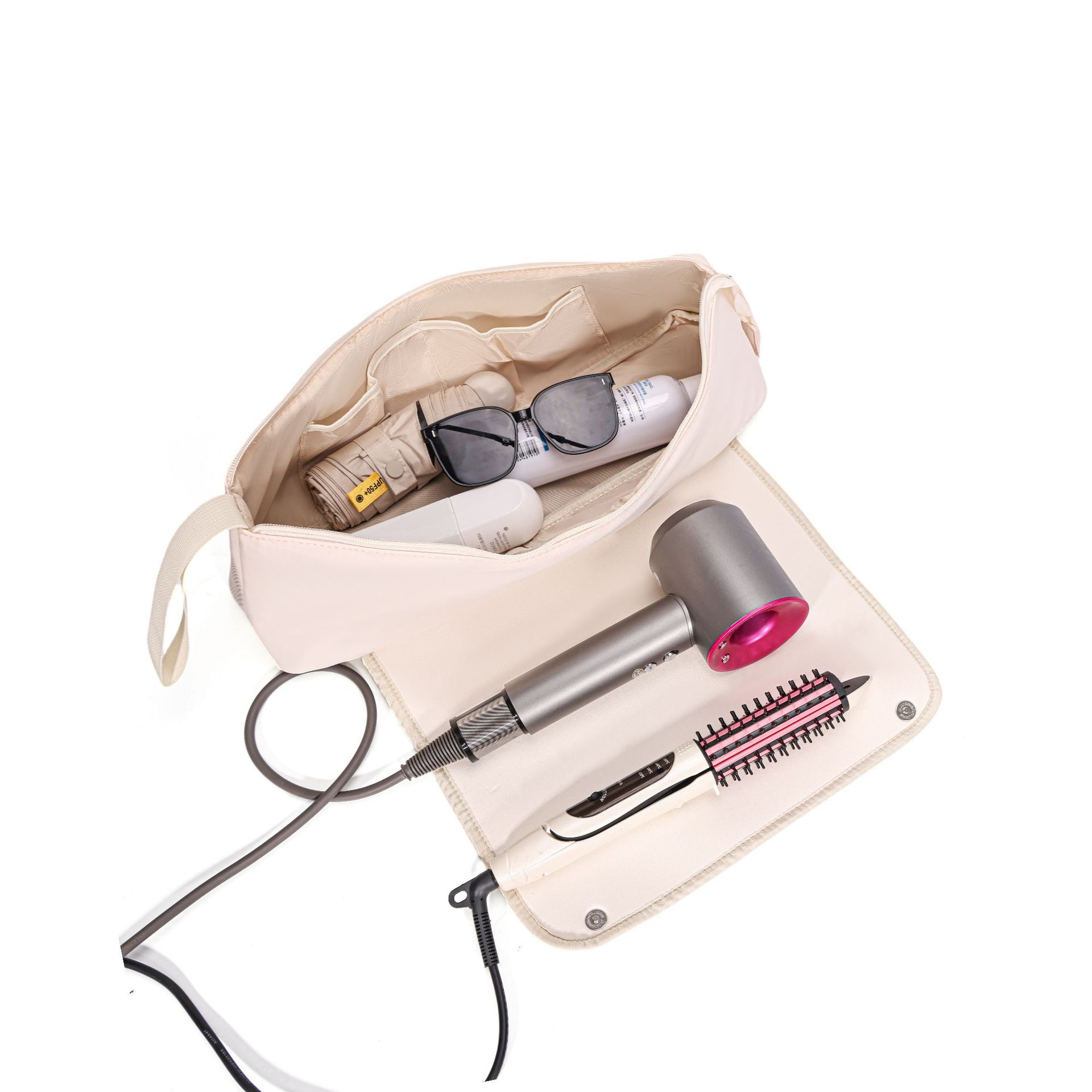 White Premium Insulated Roll-Up Travel Case for Hair Styling Tools & Blow Dryers with Muti-Pockets (18x5.5x5 Inch) - Image 1