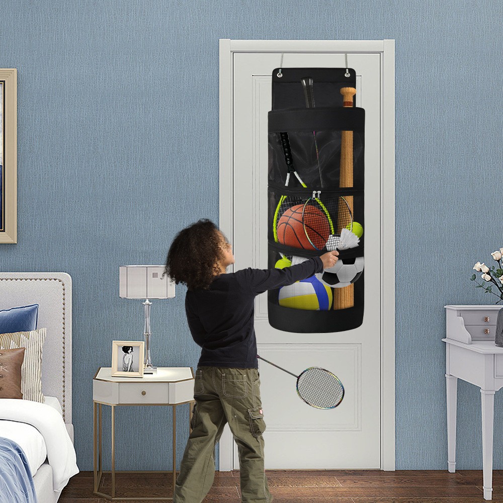Over-the-Door Hanging Sports Gear Organizer With Zipper for Easy-Access to Bottom - Heavy-Duty Mesh Storage Bag for Balls & Kids' Toys - Image 1