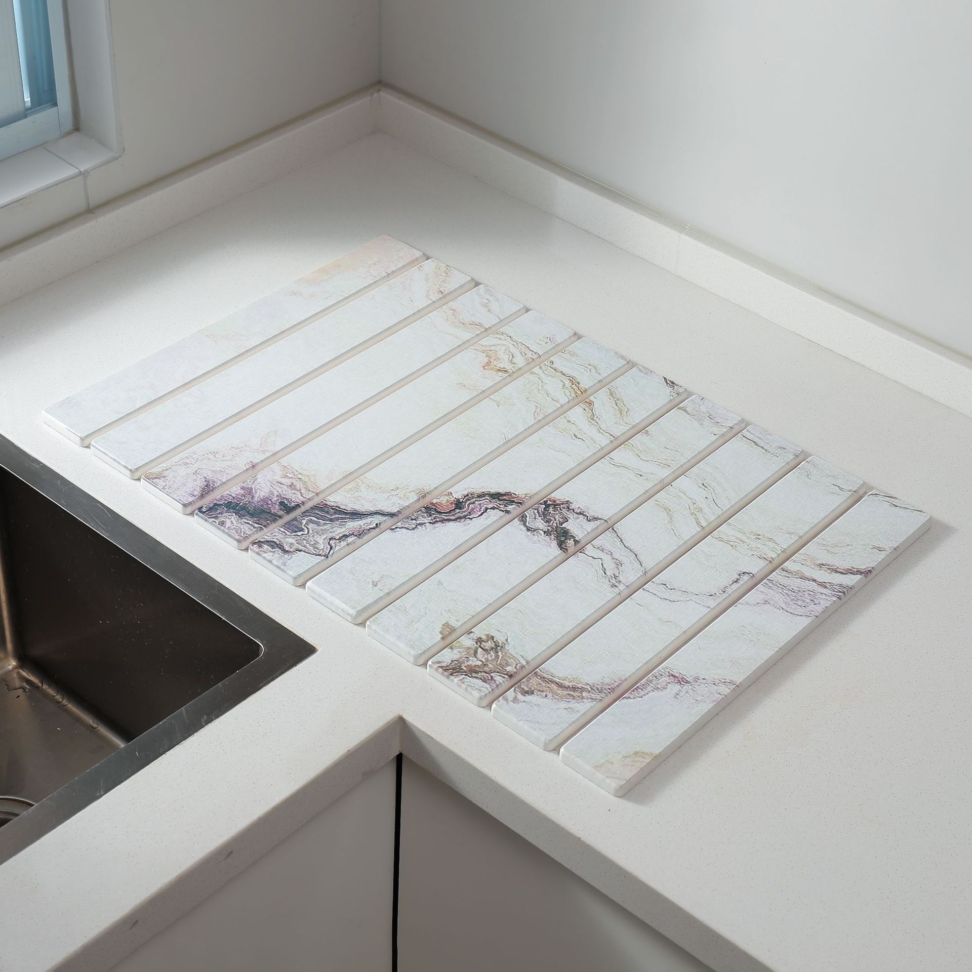 30x40cm Foldable Marble Pattern Kitchen Dish Drainer(Style 2) - Ultra-Absorbent Natural Stone Mat, Fast-Drying & Space-Saving - Image 1
