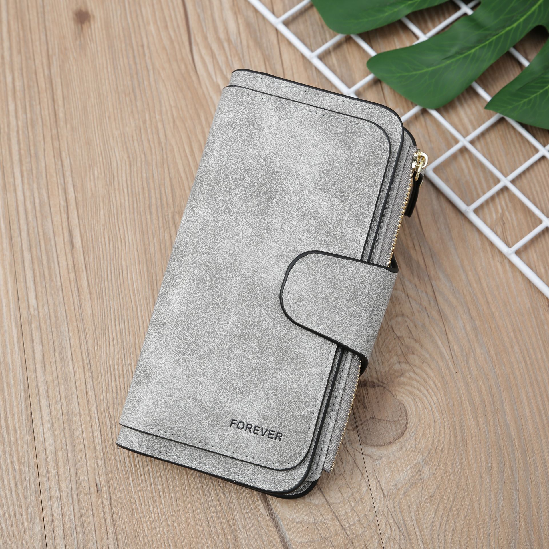 Grey Large Capacity Long Wallet Frosted PU Leather Clutch Bag with 14 Card Slots and Zipper Compartment fits Smartphone for Everyday Use Australia - Image 1