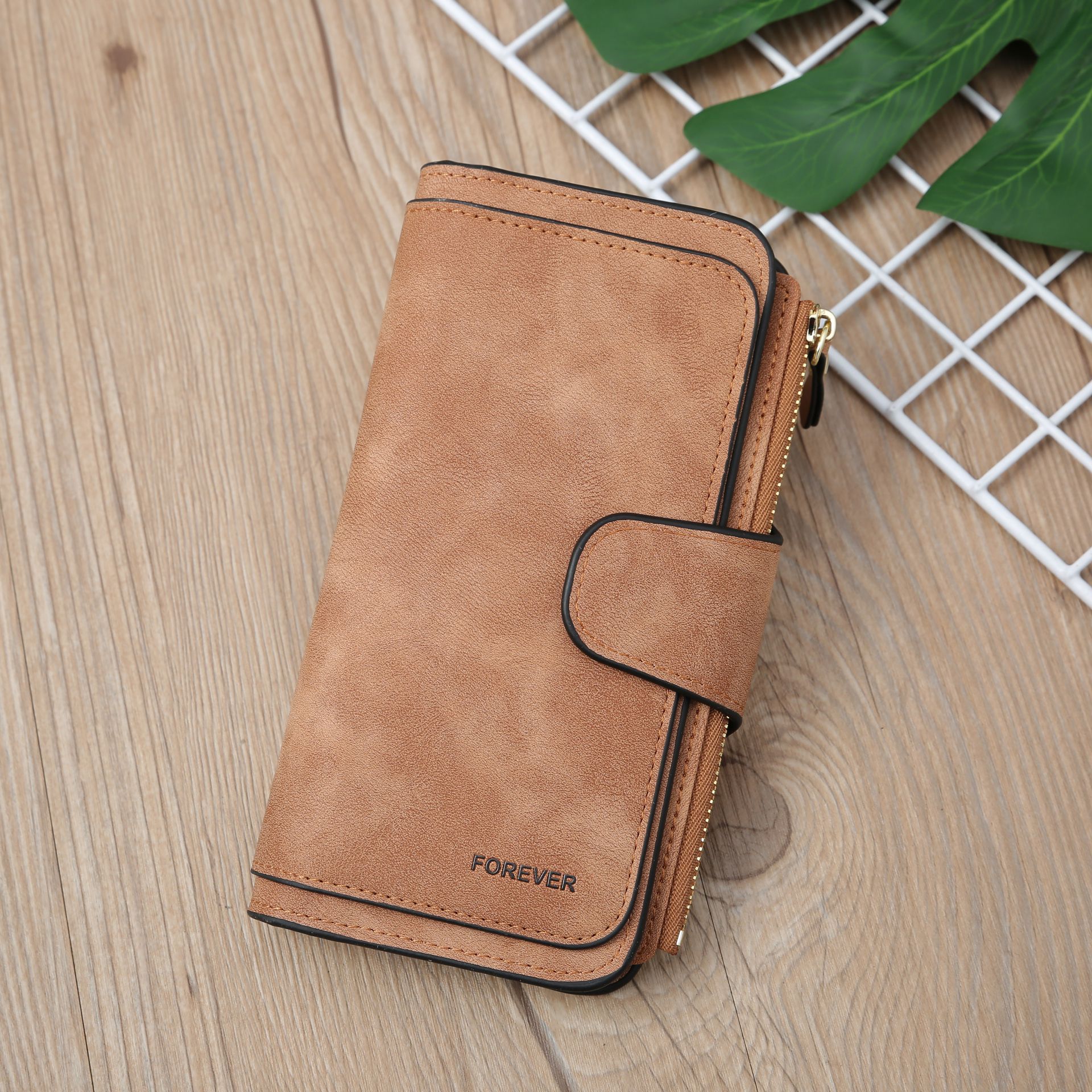 Brown Large Capacity Long Wallet Frosted PU Leather Clutch Bag with 14 Card Slots and Zipper Compartment fits Smartphone for Everyday Use Australia - Image 1