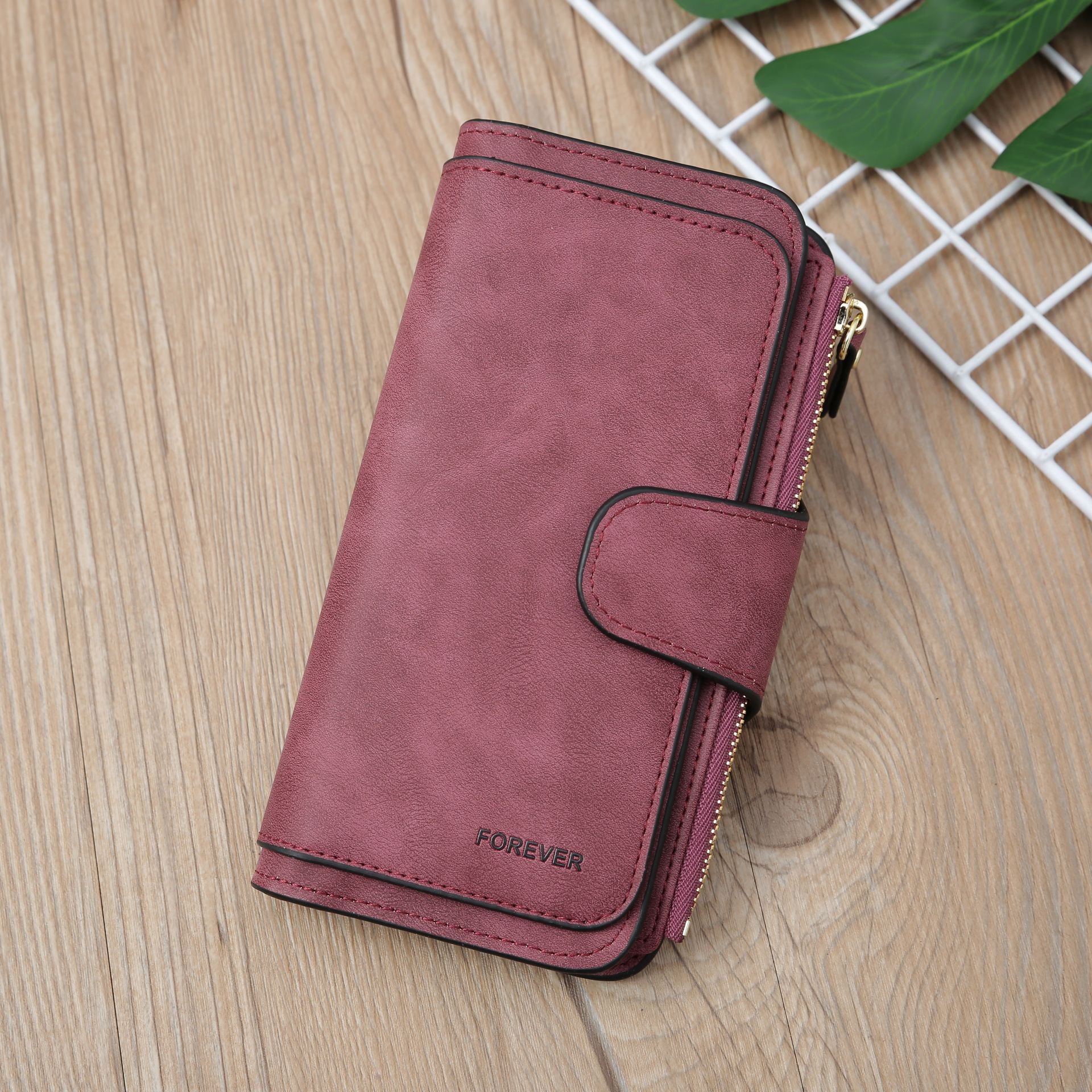 Purplish red Large Capacity Long Wallet Frosted PU Leather Clutch Bag with 14 Card Slots and Zipper Compartment fits Smartphone for Everyday Use Australia - Image 1