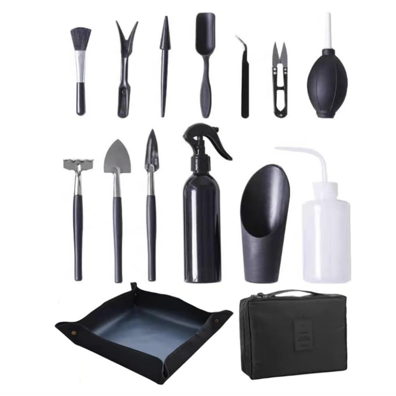 Black 13 Piece Succulent Gardening Tool Set with 50x50cm Repotting Mat and Storage Bag for Indoor Miniature Plant Care Home Gardening Gift Australia - Image 1