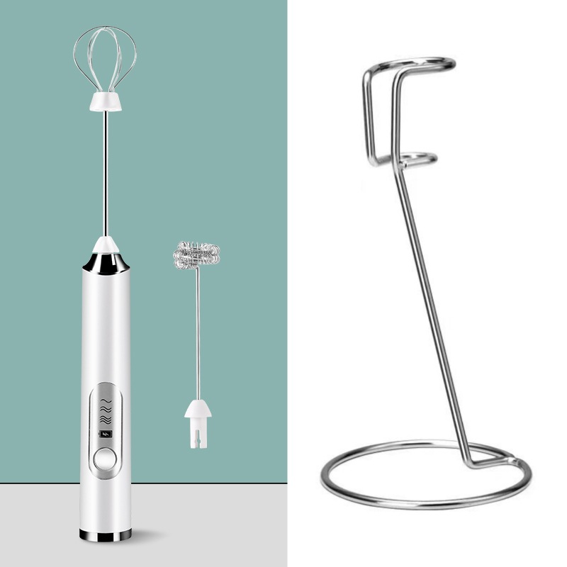 White Rechargeable Handheld Milk Frother and Electric Whisk Set 3 Speeds with 2 Stainless Steel Heads and Storage Stand Australian Home Barista Kit - Image 1
