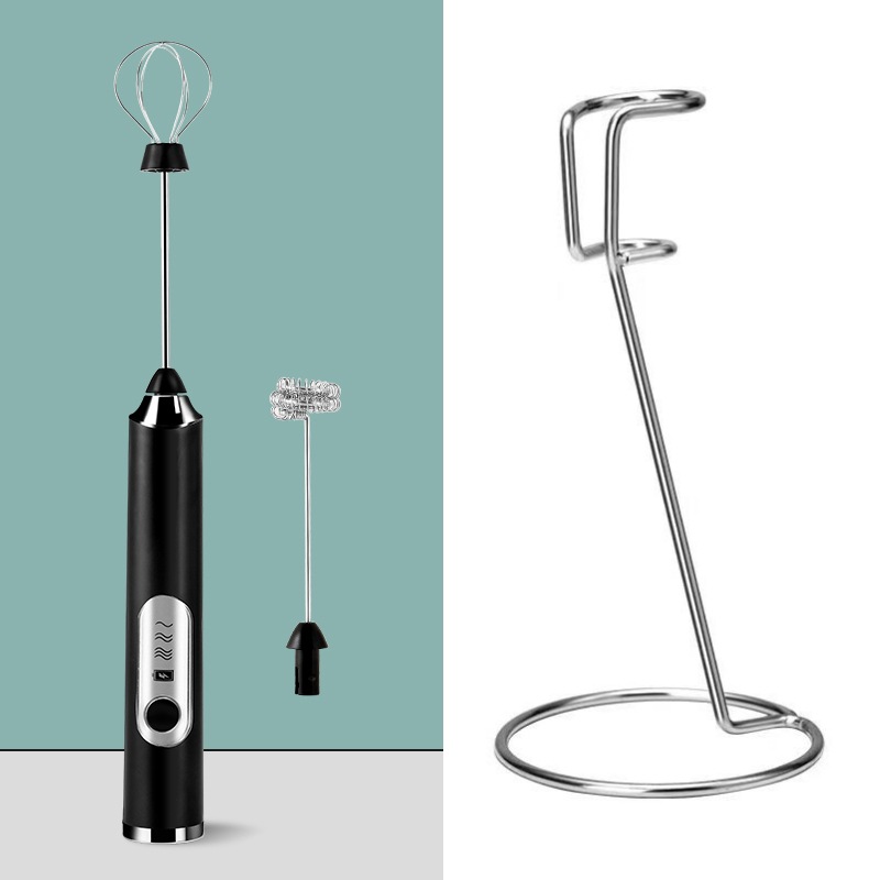 Black Rechargeable Handheld Milk Frother and Electric Whisk Set 3 Speeds with 2 Stainless Steel Heads and Storage Stand Australian Home Barista Kit - Image 1