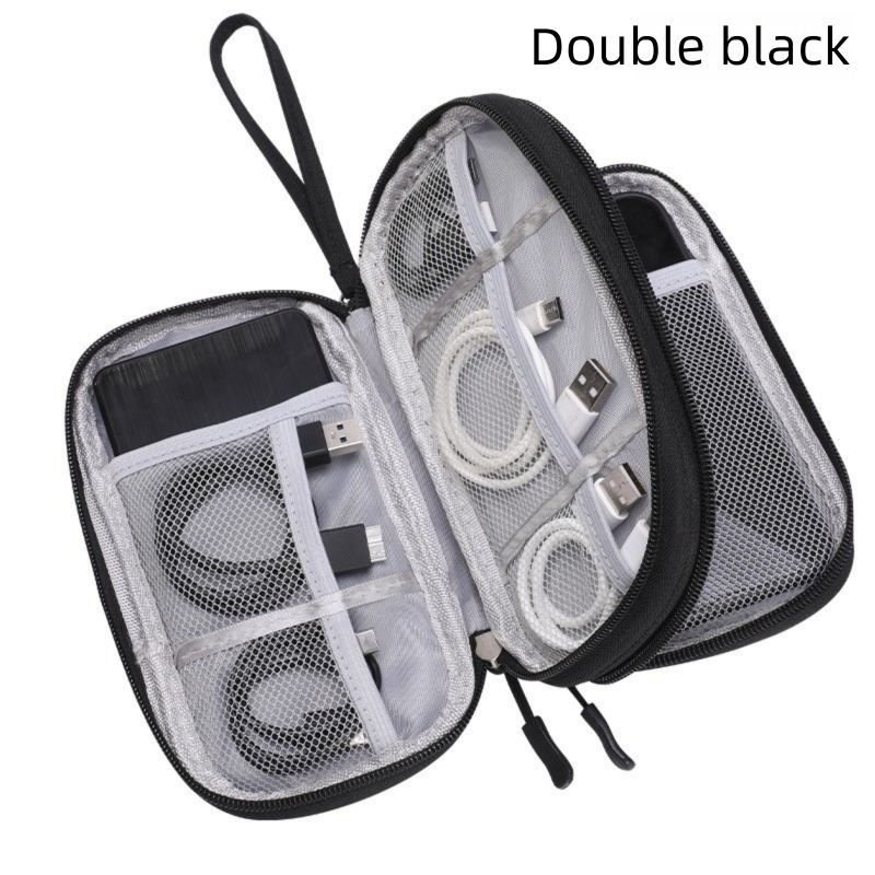 2-PCS Black Double Layer Travel Electronics Organizer Bag Waterproof Cable Pouch for Power Bank and Phone Portable Storage for Australians - Image 1