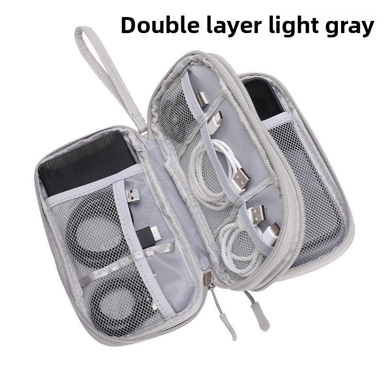 2-PCS Grey Double Layer Travel Electronics Organizer Bag Waterproof Cable Pouch for Power Bank and Phone Portable Storage for Australians - Image 1