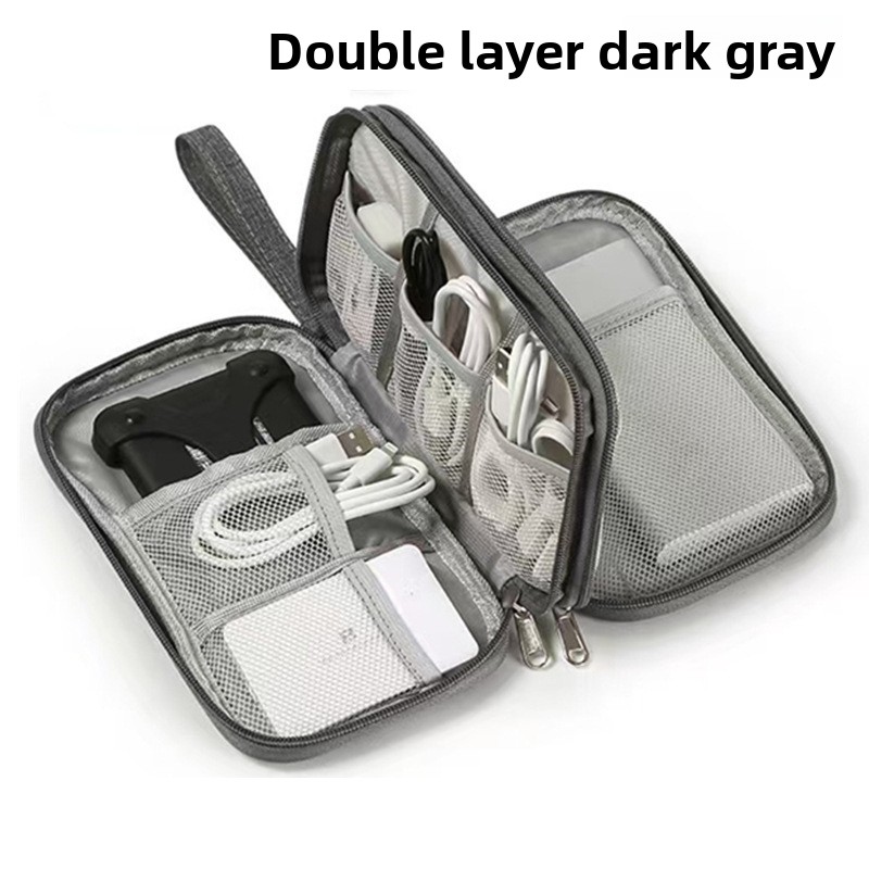 2-PCS Dark Grey Double Layer Travel Electronics Organizer Bag Waterproof Cable Pouch for Power Bank and Phone Portable Storage for Australians - Image 1