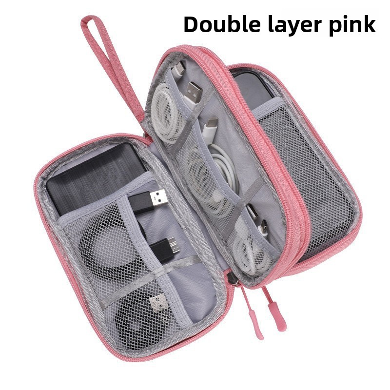 2-PCS Pink Double Layer Travel Electronics Organizer Bag Waterproof Cable Pouch for Power Bank and Phone Portable Storage for Australians - Image 1