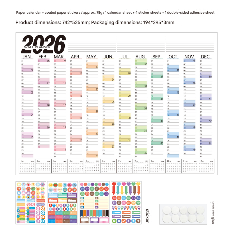 2026 Wall Planner Calendar with Stickers and Double-Sided Tape – 742 x 525 mm for Home, Office or Study in Australia - Image 1