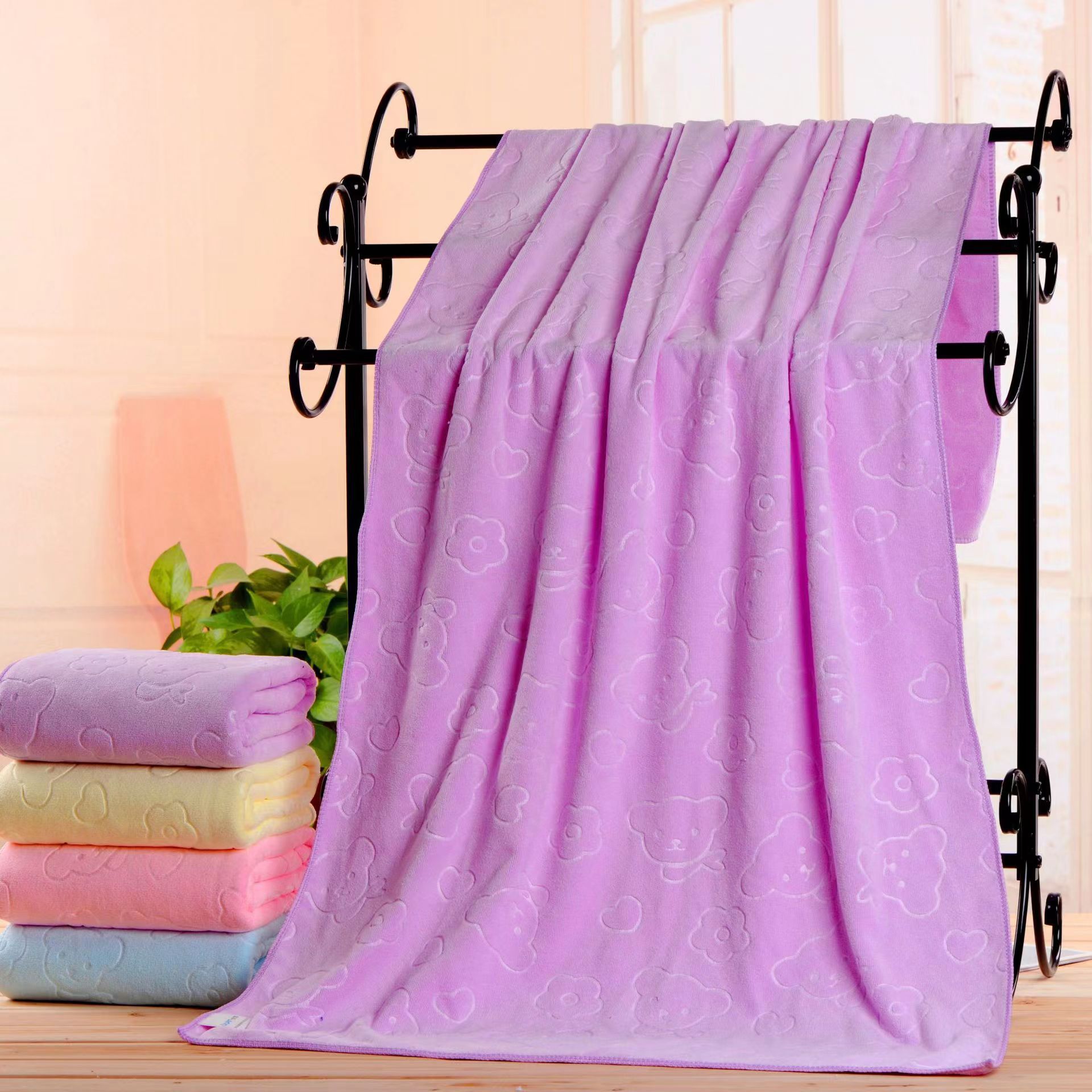 2-Pack Purple Embossed Microfiber Bear Bath Towels – 70 x 140 cm, Ultra-Absorbent and Soft for Bath, Beach & Gym - Image 1