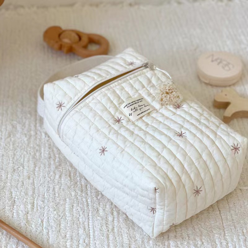 Stars Quilted Nappy Storage Bag Portable Diaper Organizer Mommy Travel Pouch with Zipper 28x18x6cm for Australian Families and Stroller Use - Image 1