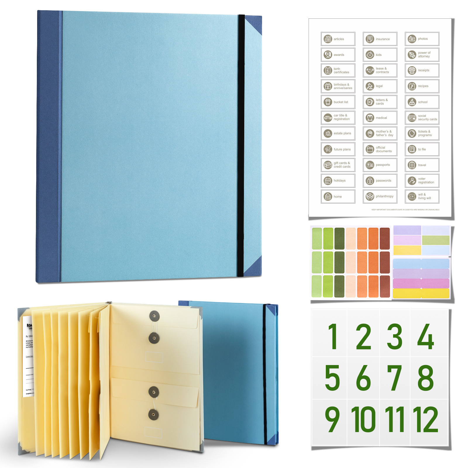 Blue Important Document Organizer Folder with 10 Manila Envelopes and Acid-Free Paper for Home Office Estate Planning and Aussie Travel - Image 1