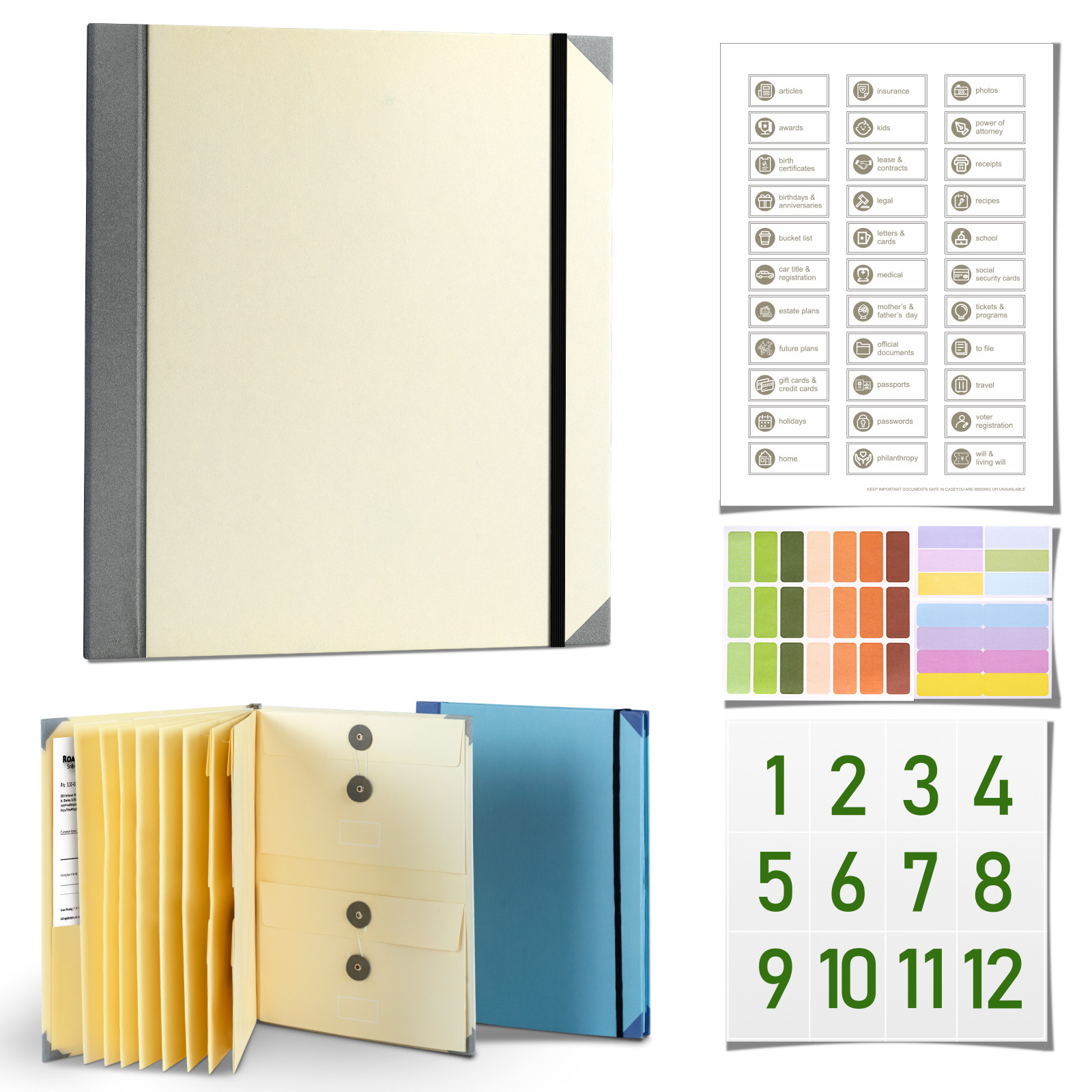 Khaki Important Document Organizer Folder with 10 Manila Envelopes and Acid-Free Paper for Home Office Estate Planning and Aussie Travel - Image 1
